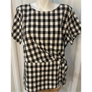 Liz Claiborne Womens Size 16 Top Black White Gingham Short Sleeves Ties Front